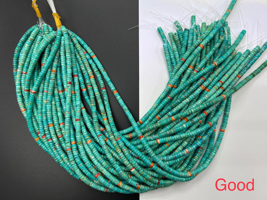 4-6mm Natural Turquoise and Spiny Oyster  Heishi beads 16 inches